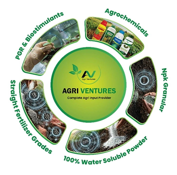 Agri Ventures complete agri input range — PGR and biostimulants, agrochemicals, NPK granular, 100% water-soluble powder and straight fertilizer grades