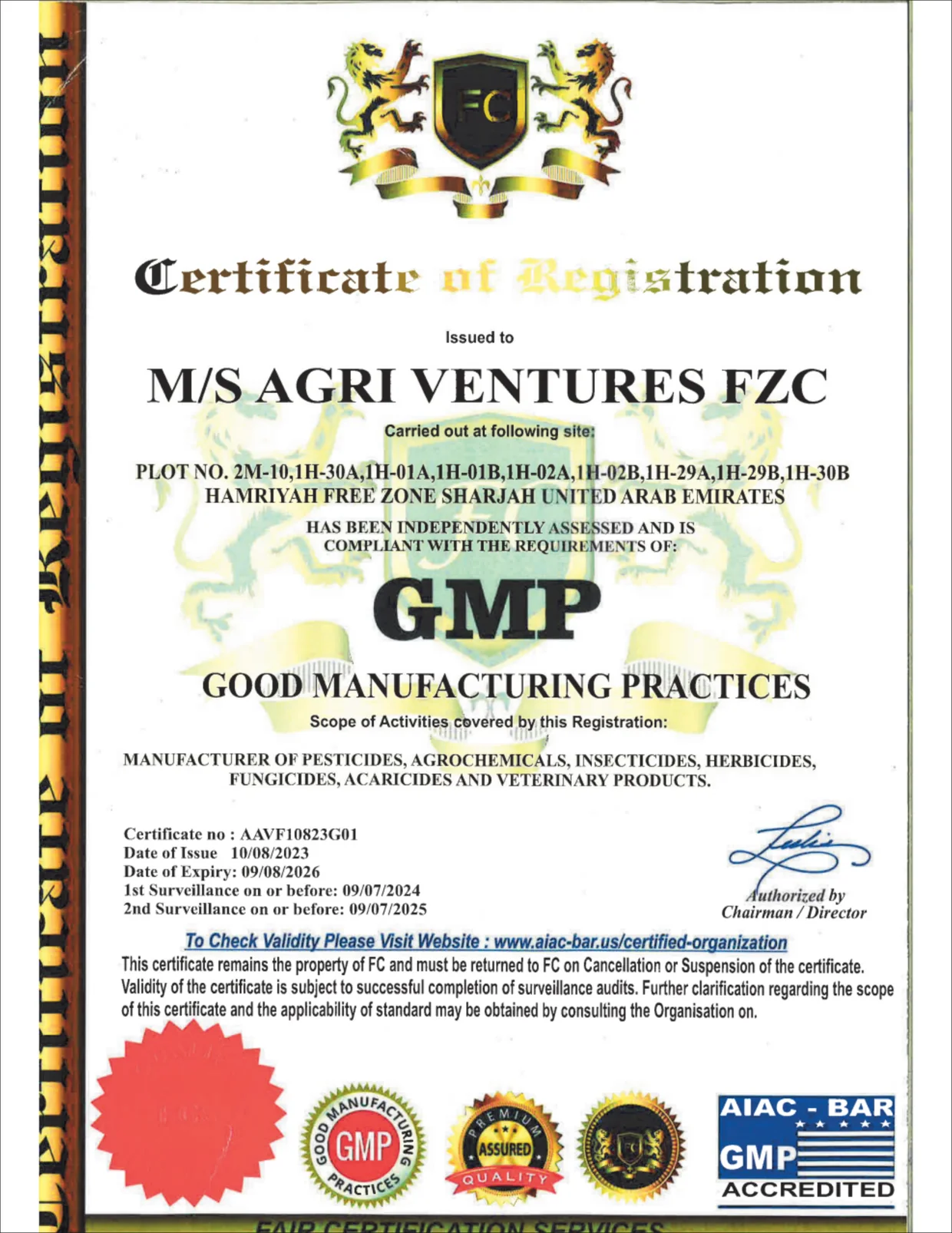 GMP — Good Manufacturing Practices, certificate AAVF10823G01, issued to M/S Agri Ventures FZC by Fair Certification Services. Issued 10 August 2023, expiry 9 August 2026.