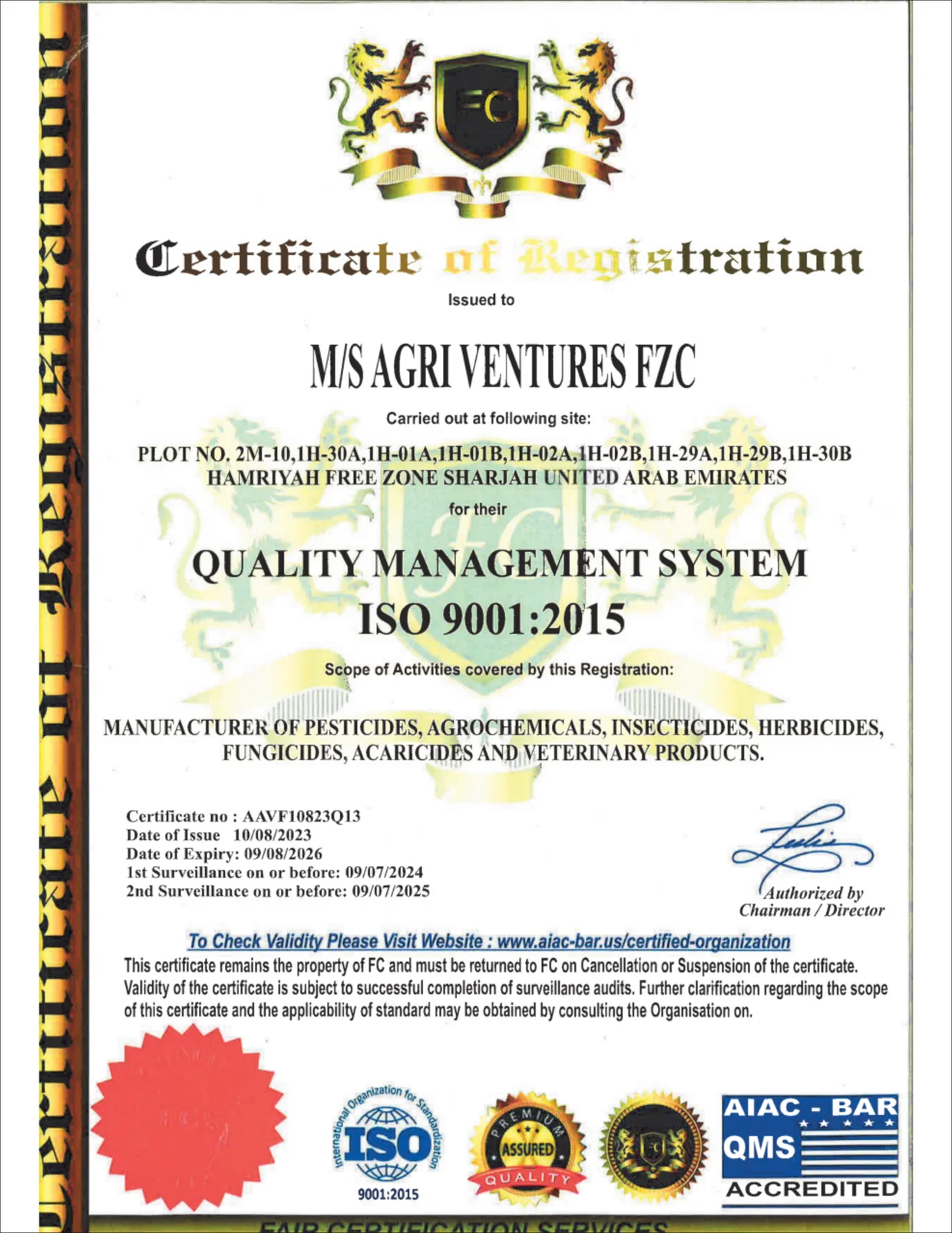 ISO 9001:2015 — Quality Management System, certificate AAVF10823Q13, issued to M/S Agri Ventures FZC by Fair Certification Services. Issued 10 August 2023, expiry 9 August 2026.