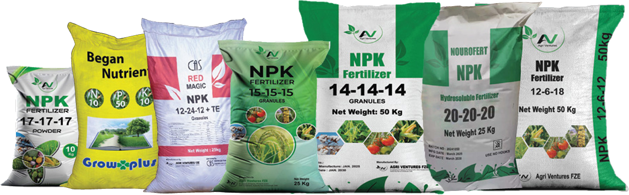 Agri Ventures NPK fertilizer bags: 17-17-17 powder, 15-15-15 granules, 12-24-12+TE, 14-14-14 granules, hydrosoluble 20-20-20 and 12-6-18