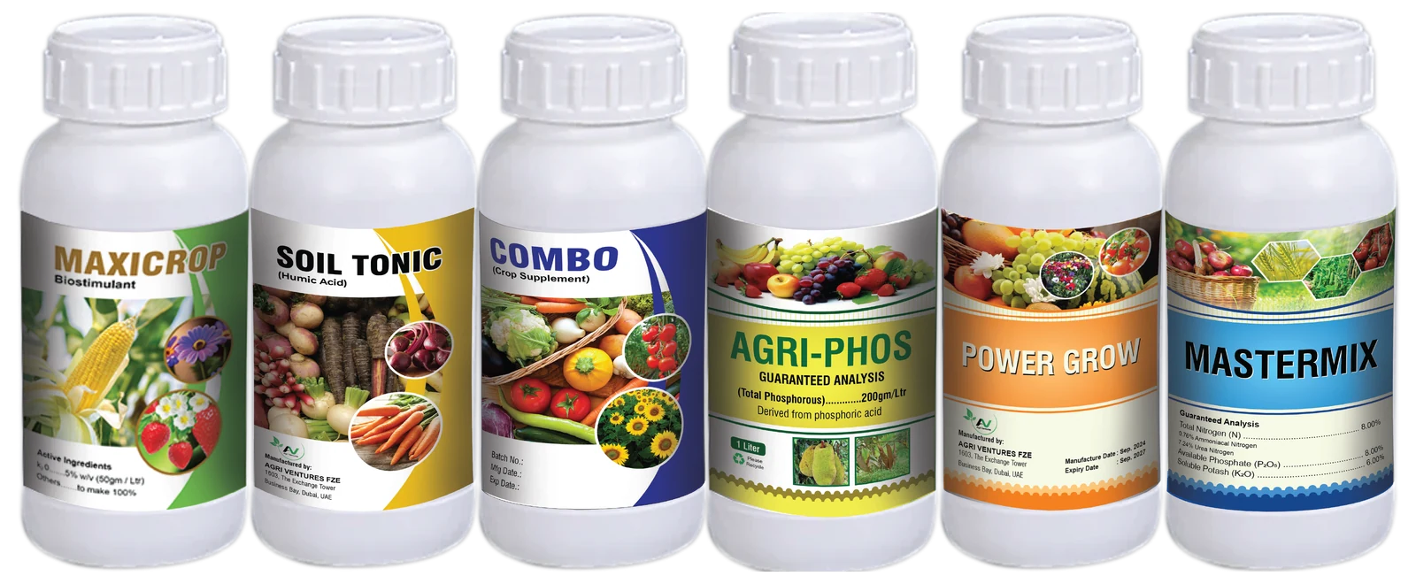Agri Ventures liquid fertilizer and biostimulant bottles: MaxiCrop, Soil Tonic, Combo, Agri-Phos, Power Grow and MasterMix