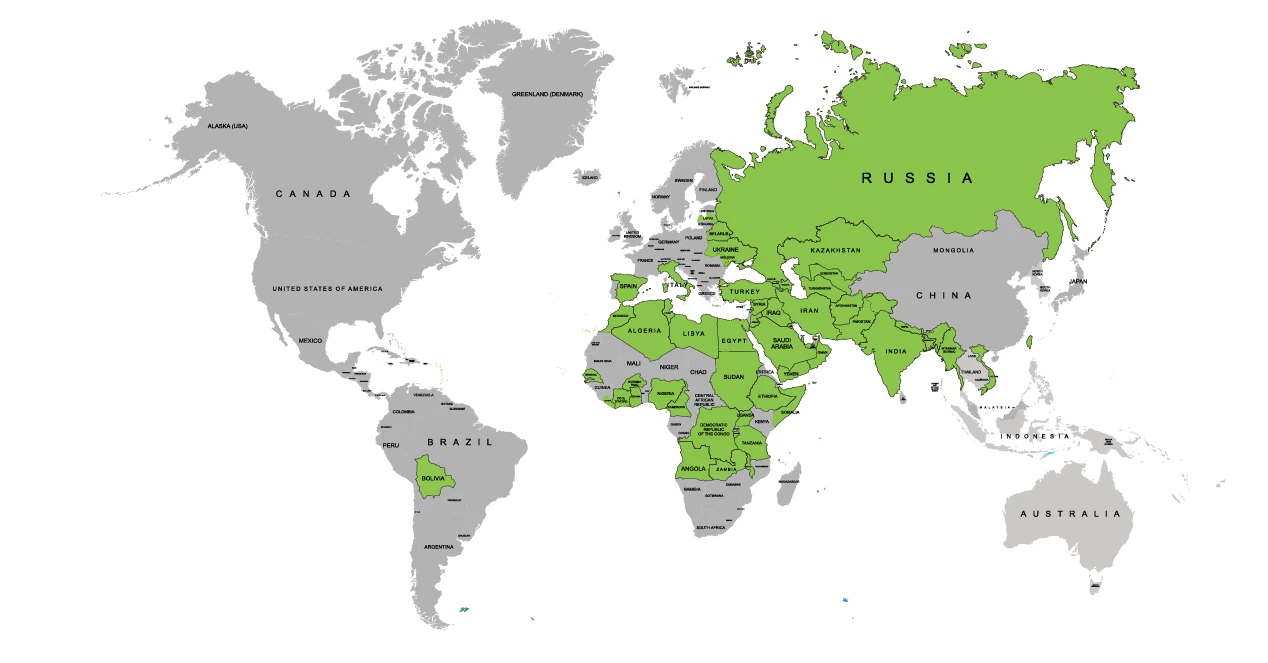 World map with the markets Agri Ventures supplies highlighted in green
